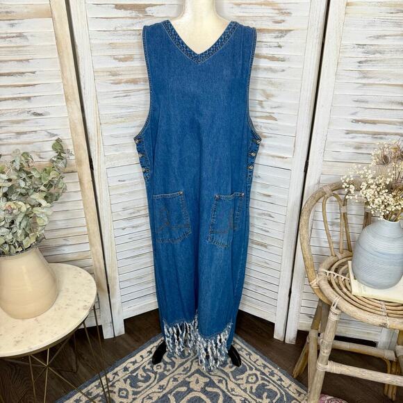 VINTAGE EXPRESSIONS Women's PLUS 1X Y2K Denim Sleeveless Maxi Jean Dress Pockets - Picture 2 of 14